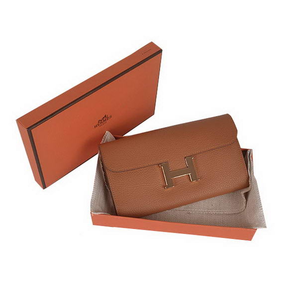 Cheap Fake Hermes Constance Long Wallets Camel Calfskin Leather Gold